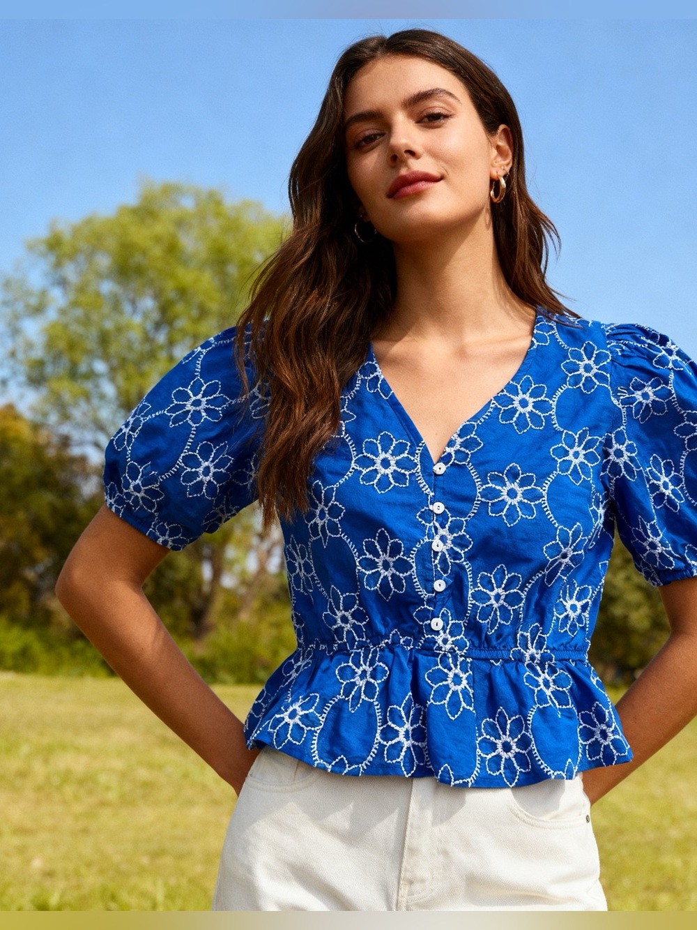 Calligraphie Anthropologie Blue Daisy Embroidered Puff Sleeve Peplum Top M